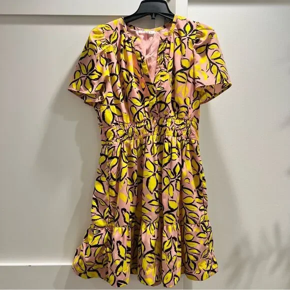 THML Short Sleeve Smocked Leaf Print Dress Large - Picture 4 of 8